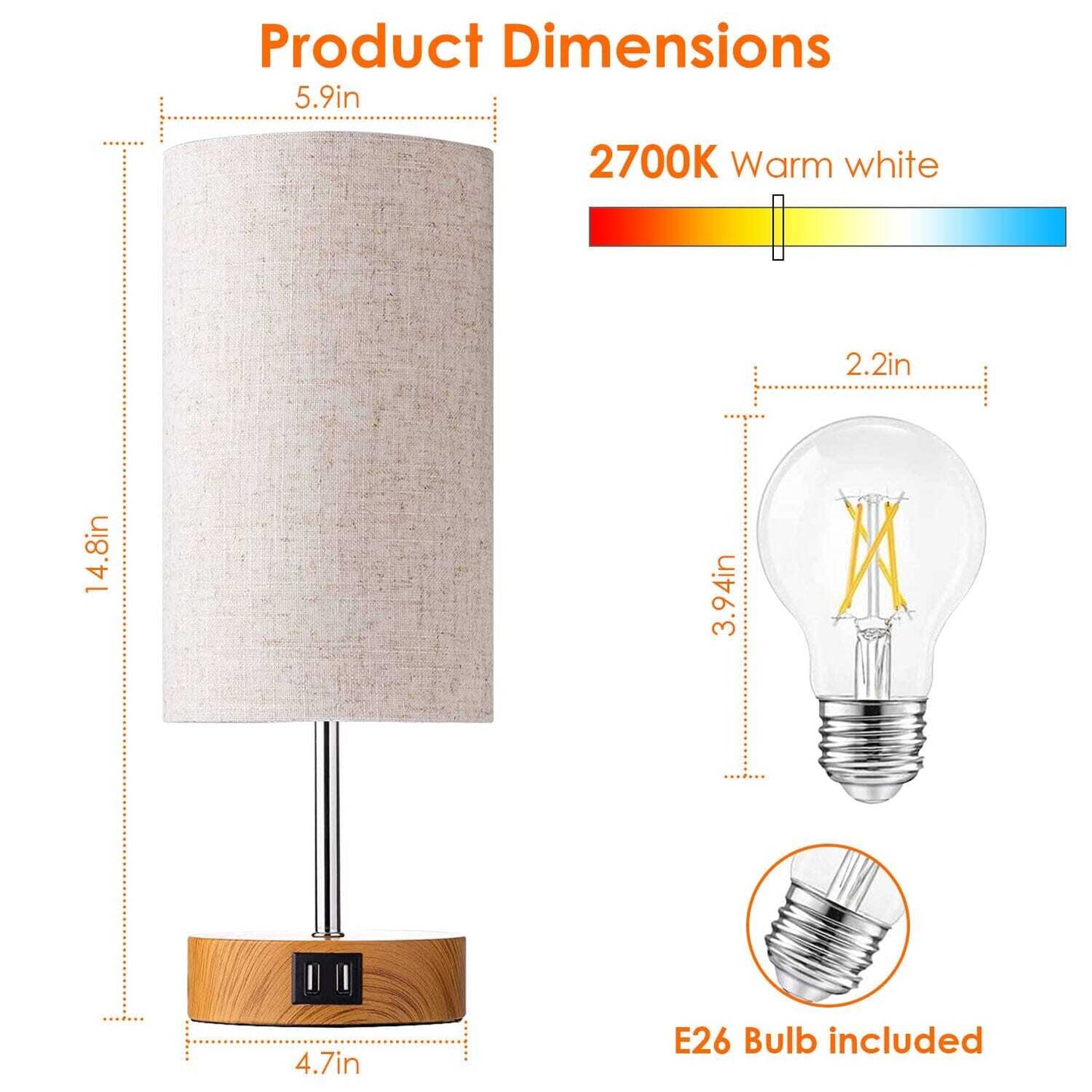 Touch Control Table Lamp 3-Way Dimmable Nightstand Beside Lamp