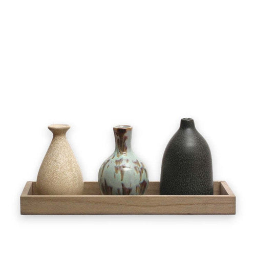Wood Tray With 3 Stoneware Vases